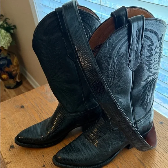 Lucchese Black Leather and lizard Cowboy Boots with lizard belt size 8.5 men’s - Picture 3 of 9